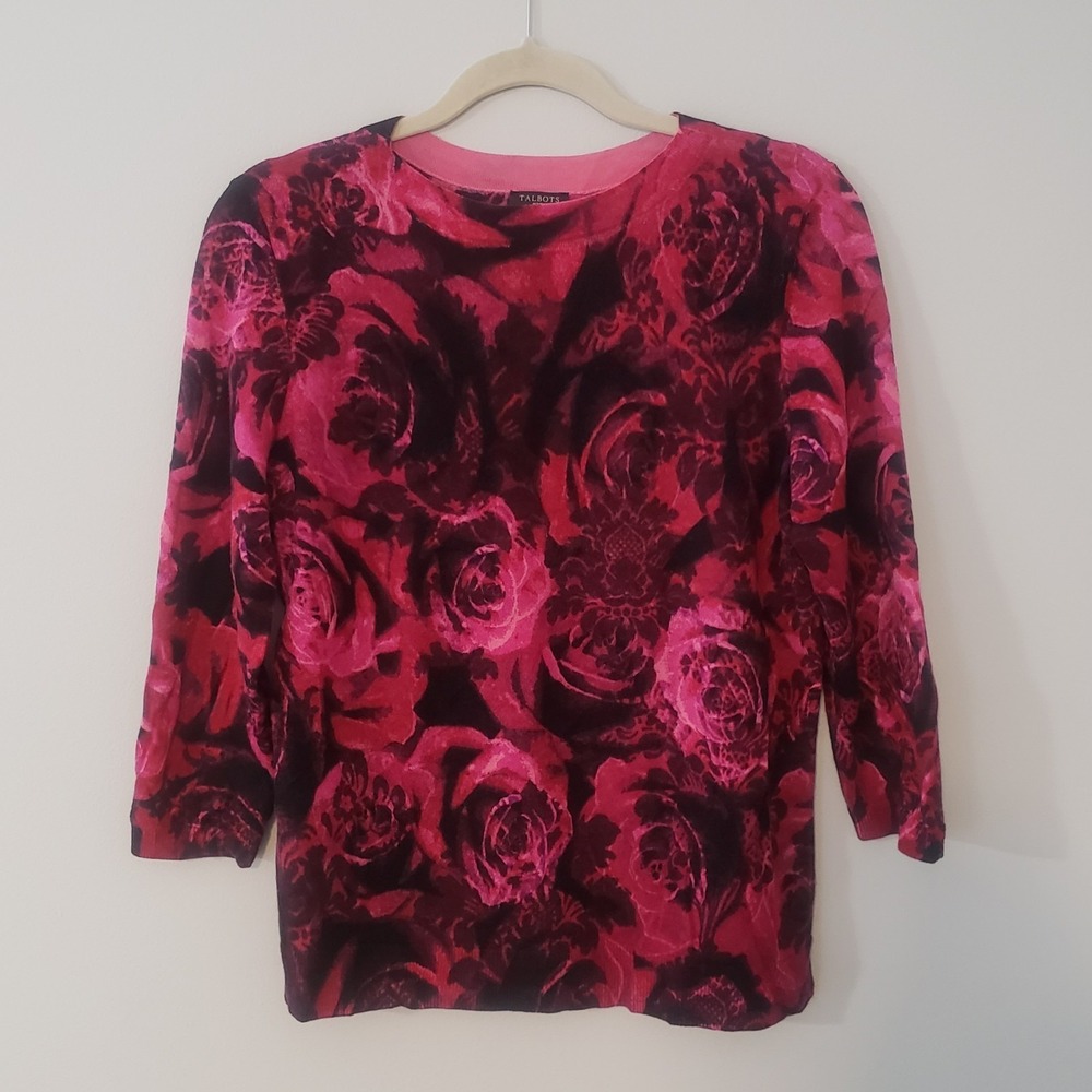 Talbots Merino Wool Pullover Sweater LG PET Floral Lightweight 3/4 Sleeve Women